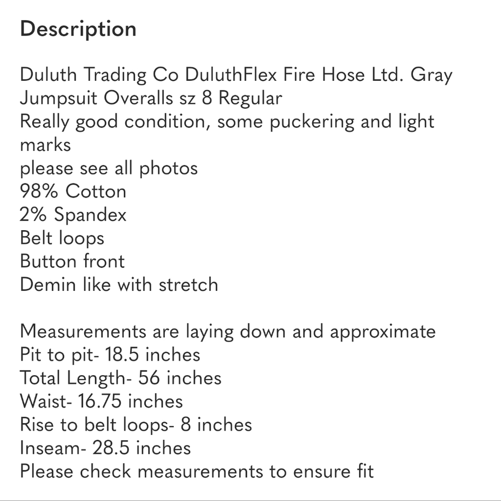 Duluth Trading Co DuluthFlex Fire Hose Ltd. Gray Jumpsuit Overalls sz 8 Regular - Picture 12 of 12